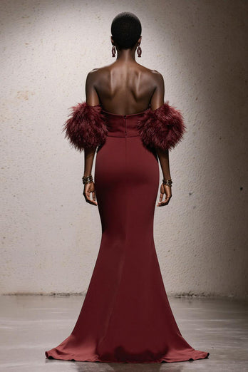 Burgundy Satin Mermaid Sweetheart Long Gala Dress with Feathers