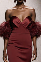 Load image into Gallery viewer, Burgundy Satin Mermaid Sweetheart Long Gala Dress with Feathers