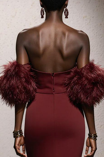Burgundy Satin Mermaid Sweetheart Long Gala Dress with Feathers