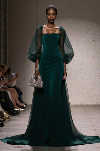 Dark Green Mermaid Square Neck Backless Long Sleeves Gala Dress
