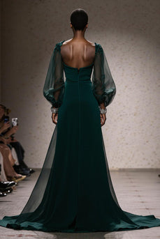 Dark Green Mermaid Square Neck Backless Long Sleeves Gala Dress