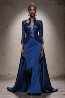 Load image into Gallery viewer, Sparkly Royal Blue Sequin Mermaid High Neck Long Pageant Dress with Cape