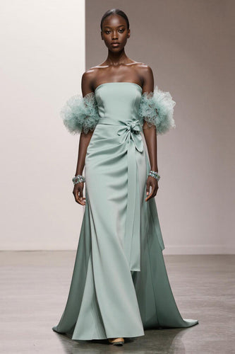 Mint Green Satin Strapless Mermaid Ruched Long Formal Dress with Sash