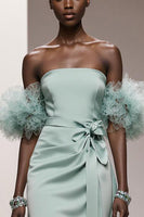 Load image into Gallery viewer, Mint Green Satin Strapless Mermaid Ruched Long Formal Dress with Sash