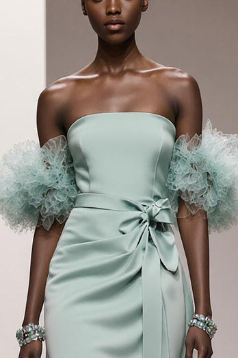 Mint Green Satin Strapless Mermaid Ruched Long Formal Dress with Sash