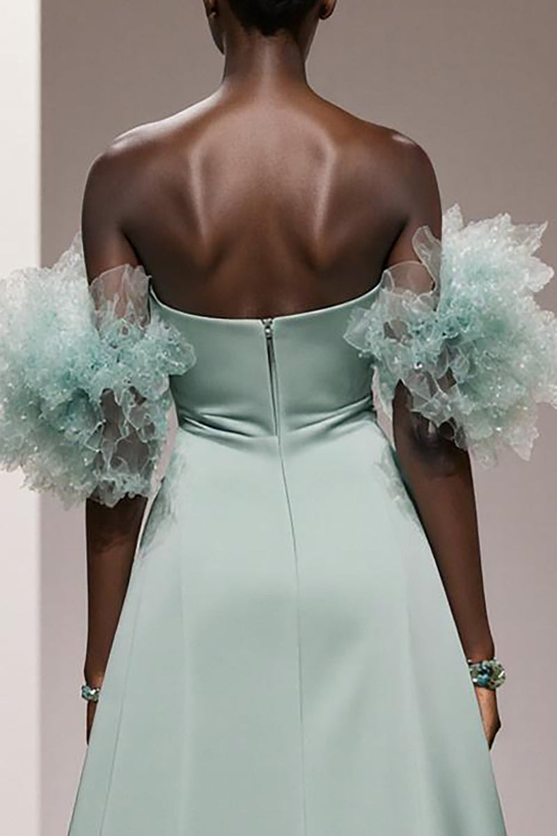 Load image into Gallery viewer, Mint Green Satin Strapless Mermaid Ruched Long Formal Dress with Sash