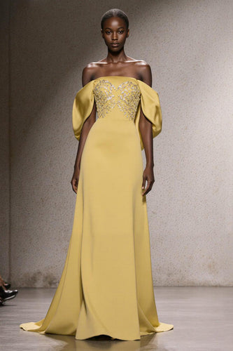 Sparkly Daffodil Off the Shoulder Sheath Long Pageant Dress with Sequins