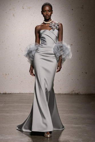 Silver Satin Ruched Sweetheart Mermaid Long Formal Dress