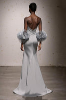 Load image into Gallery viewer, Silver Satin Ruched Sweetheart Mermaid Long Formal Dress