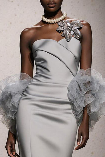 Silver Satin Ruched Sweetheart Mermaid Long Formal Dress