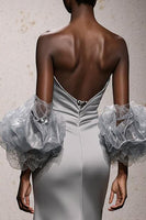 Load image into Gallery viewer, Silver Satin Ruched Sweetheart Mermaid Long Formal Dress