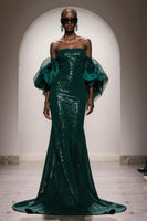 Load image into Gallery viewer, Sparkly Dark Green Sequin Mermaid Strapless Long Gala Dress with Sleeves
