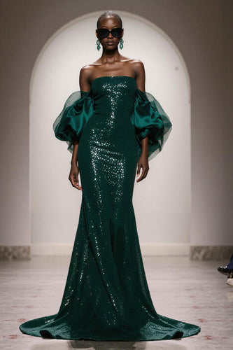 Sparkly Dark Green Sequin Mermaid Strapless Long Gala Dress with Sleeves
