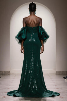 Sparkly Dark Green Sequin Mermaid Strapless Long Gala Dress with Sleeves