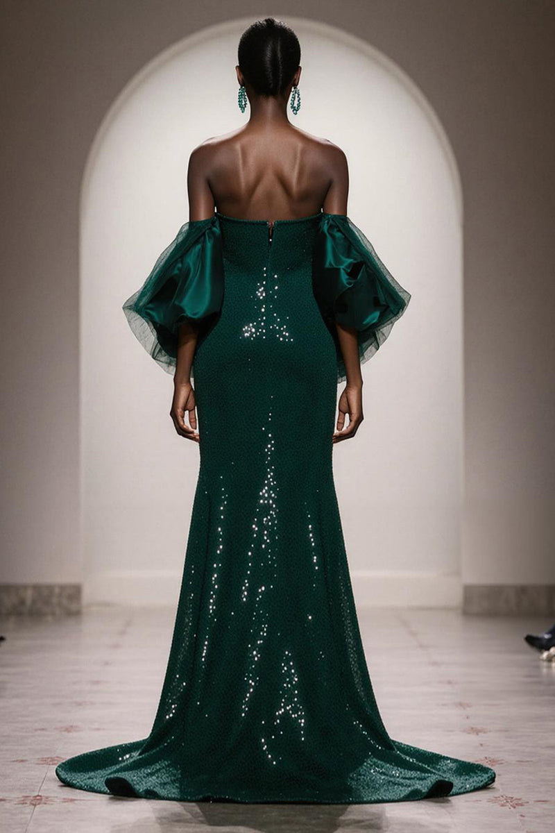 Load image into Gallery viewer, Sparkly Dark Green Sequin Mermaid Strapless Long Gala Dress with Sleeves