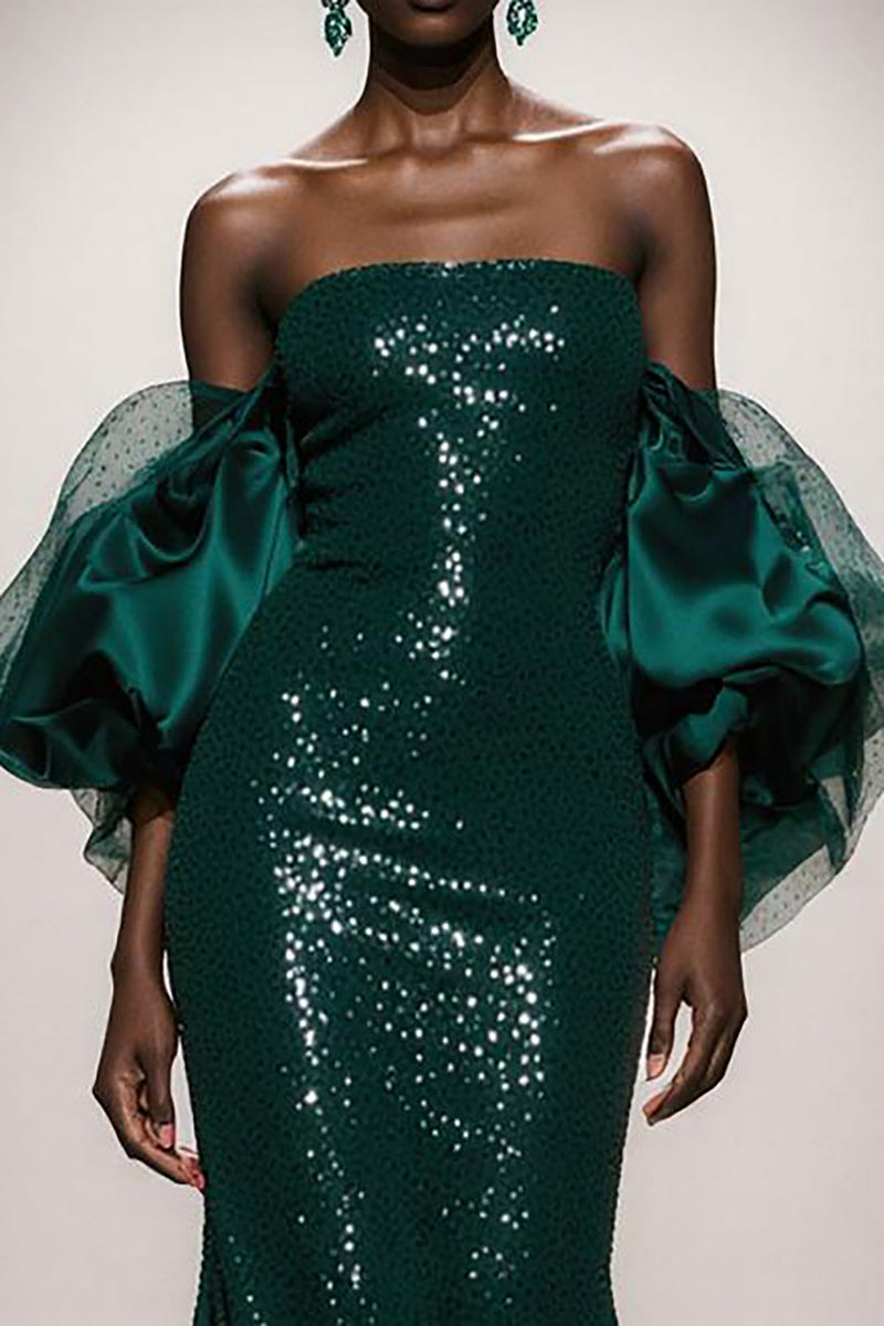 Load image into Gallery viewer, Sparkly Dark Green Sequin Mermaid Strapless Long Gala Dress with Sleeves