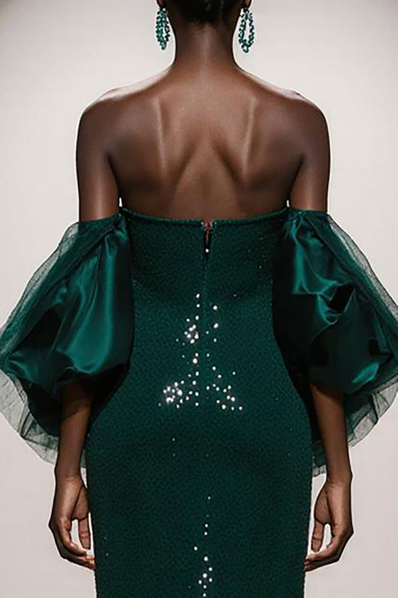 Load image into Gallery viewer, Sparkly Dark Green Sequin Mermaid Strapless Long Gala Dress with Sleeves