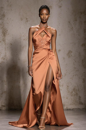 Sparkly Orange Mermaid Ruched Satin Halter Long Pageant Dress with Beading