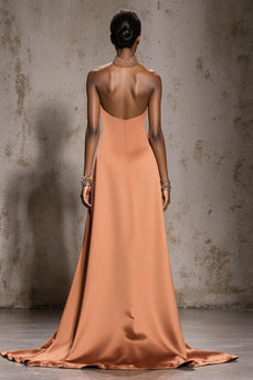 Sparkly Orange Mermaid Ruched Satin Halter Long Pageant Dress with Beading