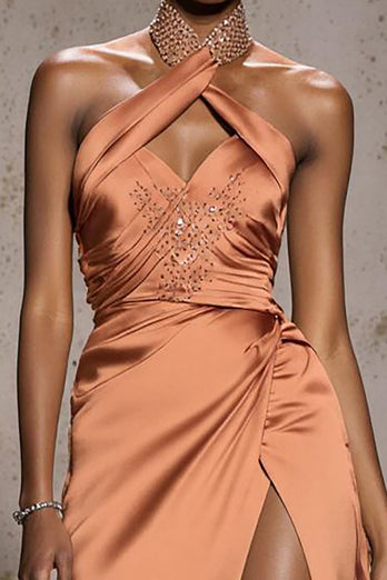 Sparkly Orange Mermaid Ruched Satin Halter Long Pageant Dress with Beading