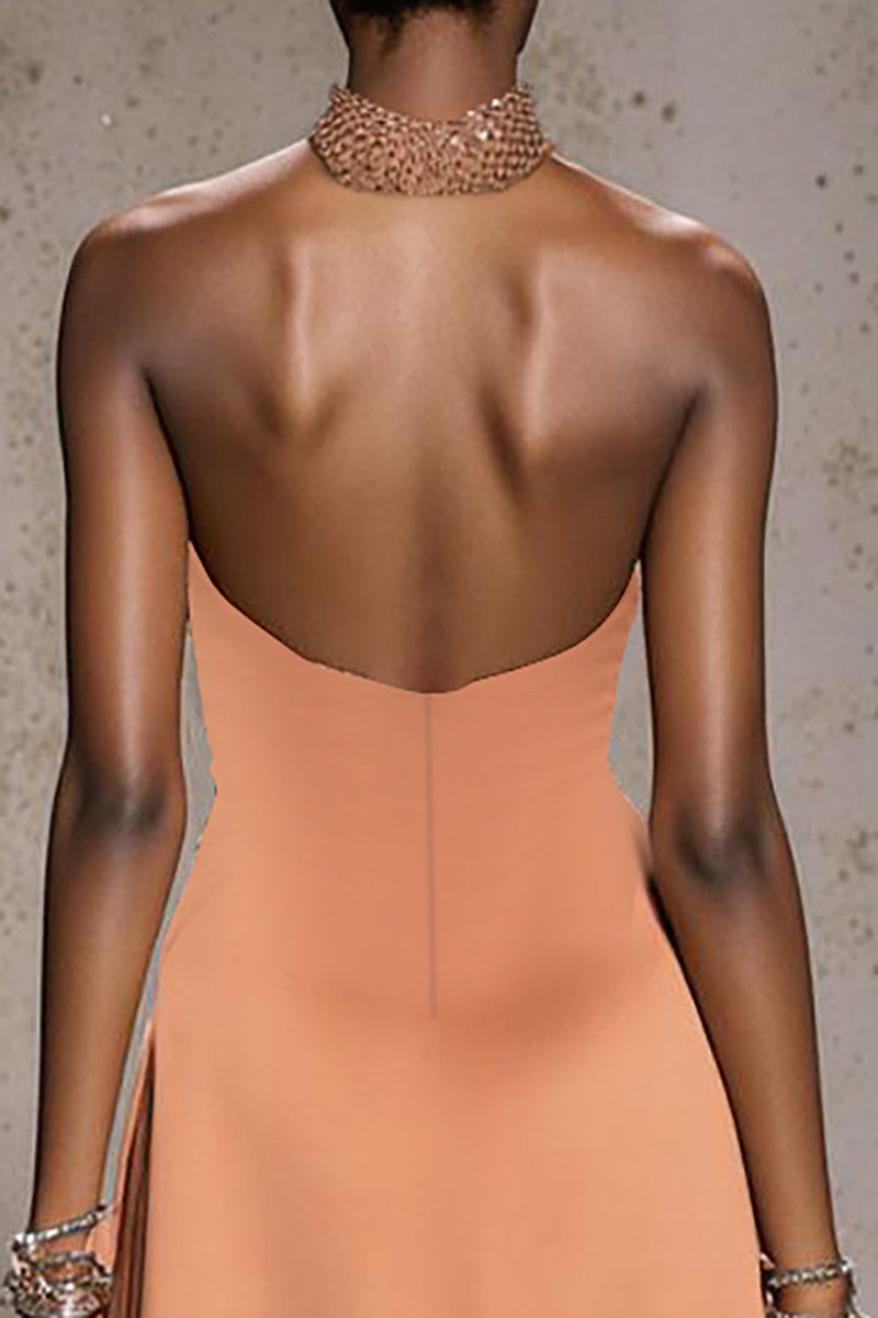 Load image into Gallery viewer, Sparkly Orange Mermaid Ruched Satin Halter Long Pageant Dress with Beading