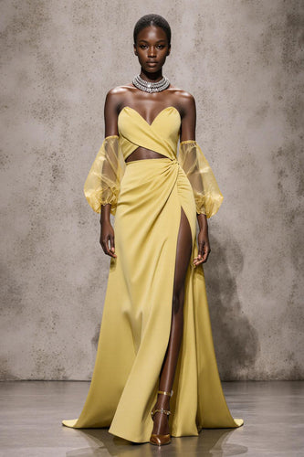 Daffodil Satin Sweetheart Mermaid Cut Out Long Formal Dress with Sleeves