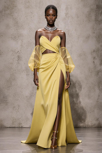 Daffodil Satin Sweetheart Mermaid Cut Out Long Formal Dress with Sleeves