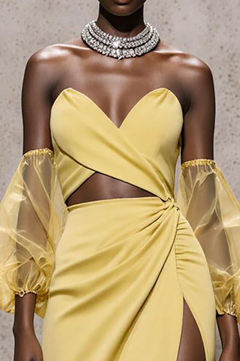 Daffodil Satin Sweetheart Mermaid Cut Out Long Formal Dress with Sleeves