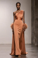 Load image into Gallery viewer, Orange Satin One Shoulder Mermaid Long Formal Dress with Feathers