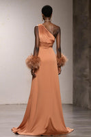 Load image into Gallery viewer, Orange Satin One Shoulder Mermaid Long Formal Dress with Feathers
