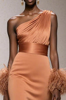 Load image into Gallery viewer, Orange Satin One Shoulder Mermaid Long Formal Dress with Feathers