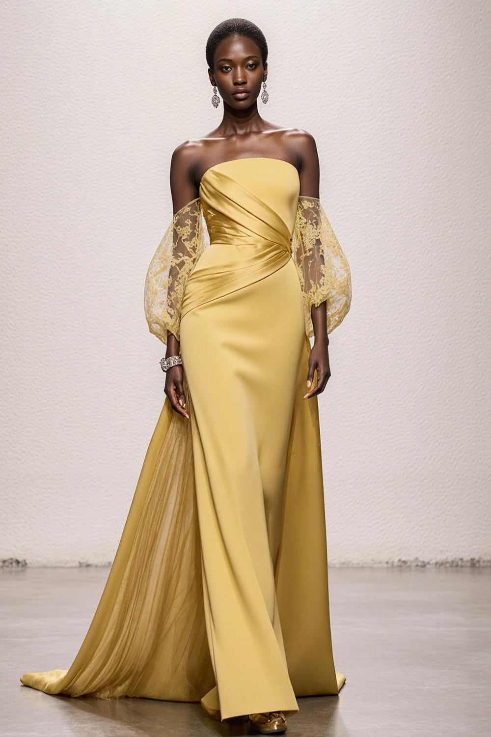 Daffodil Satin Strapless Mermaid Ruched Long Pageant Dress with Sleeves