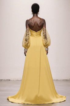 Daffodil Satin Strapless Mermaid Ruched Long Pageant Dress with Sleeves