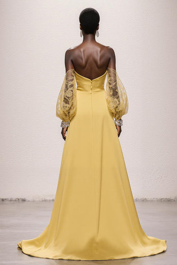 Daffodil Satin Strapless Mermaid Ruched Long Pageant Dress with Sleeves