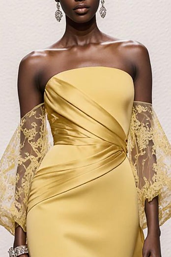 Daffodil Satin Strapless Mermaid Ruched Long Pageant Dress with Sleeves