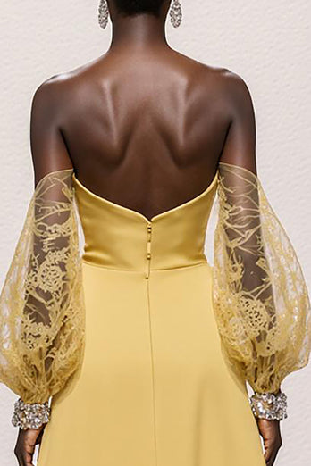 Daffodil Satin Strapless Mermaid Ruched Long Pageant Dress with Sleeves