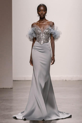 Sparkly Silver Satin Mermaid Off the Shoulder Long Pageant Dress with Sequins