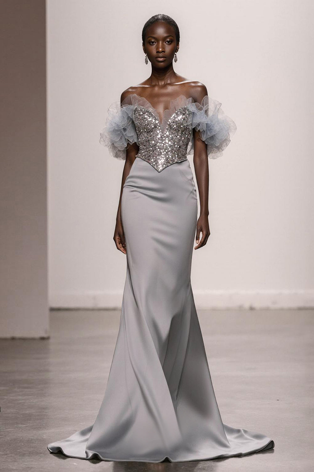 Sparkly Silver Satin Mermaid Off the Shoulder Long Pageant Dress with Sequins