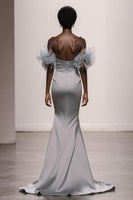 Load image into Gallery viewer, Sparkly Silver Satin Mermaid Off the Shoulder Long Pageant Dress with Sequins