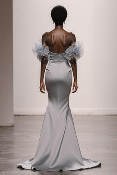 Sparkly Silver Satin Mermaid Off the Shoulder Long Pageant Dress with Sequins