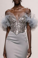 Load image into Gallery viewer, Sparkly Silver Satin Mermaid Off the Shoulder Long Pageant Dress with Sequins