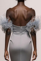 Load image into Gallery viewer, Sparkly Silver Satin Mermaid Off the Shoulder Long Pageant Dress with Sequins