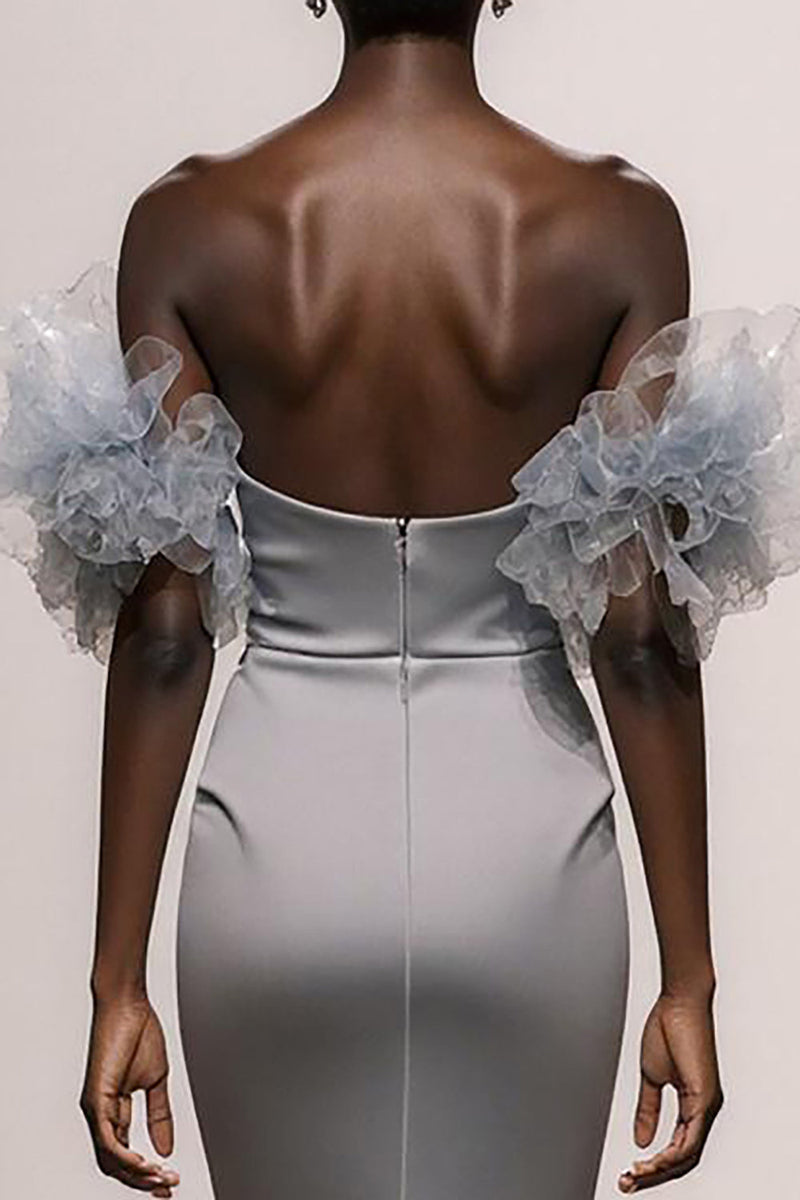 Load image into Gallery viewer, Sparkly Silver Satin Mermaid Off the Shoulder Long Pageant Dress with Sequins