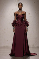 Load image into Gallery viewer, Burgundy Satin Ruched Sweetheart Mermaid Long Formal Dress