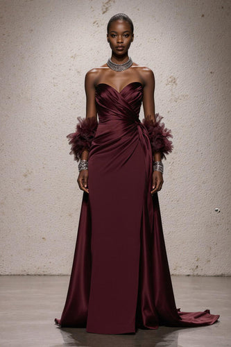 Burgundy Satin Ruched Sweetheart Mermaid Long Formal Dress