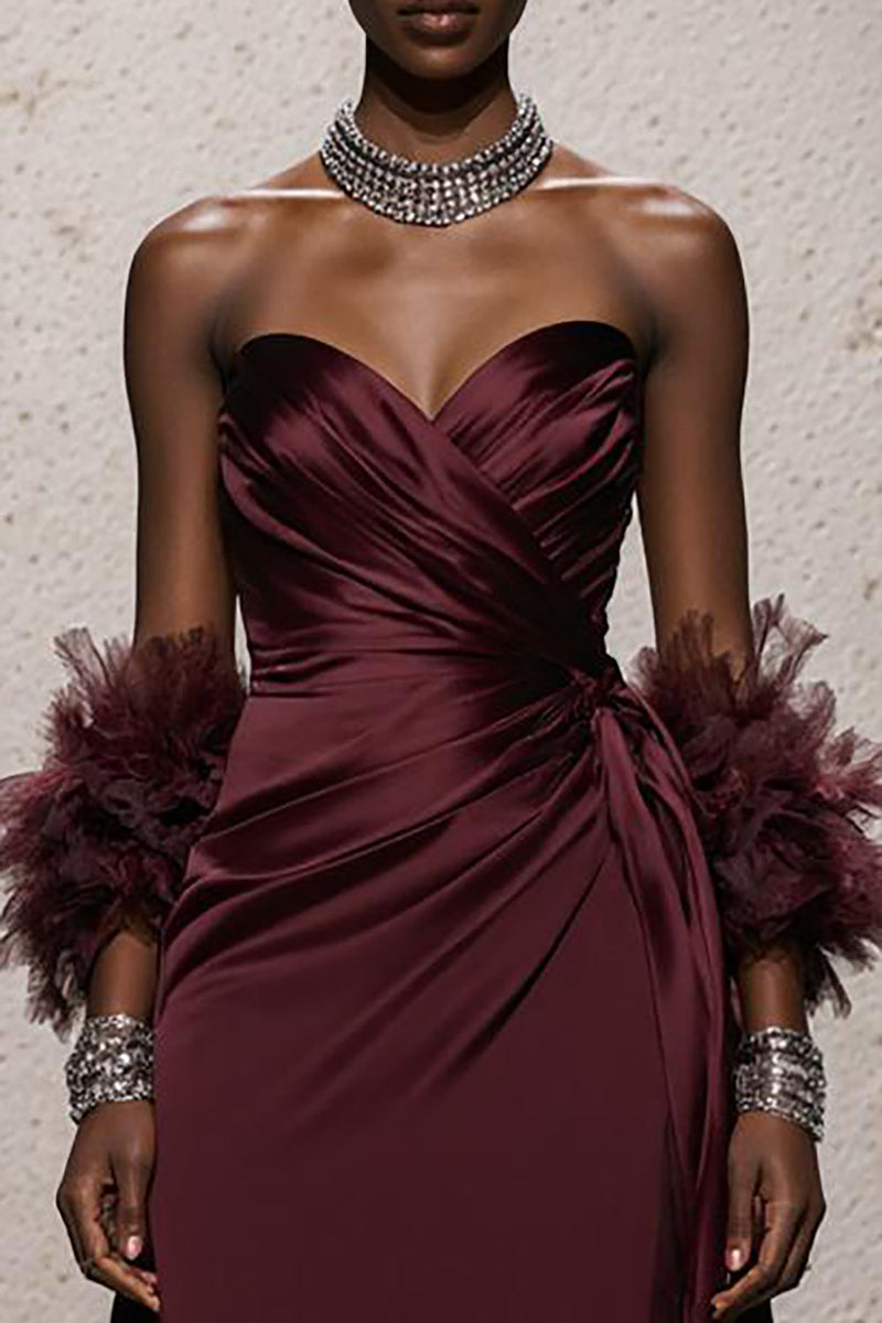 Load image into Gallery viewer, Burgundy Satin Ruched Sweetheart Mermaid Long Formal Dress