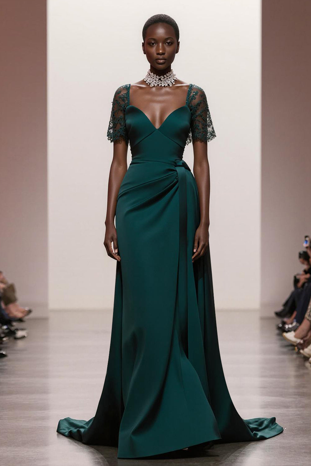 Dark Green Satin Mermaid Ruched Lace Sleeves Long Formal Dress