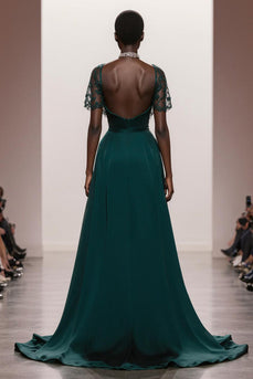 Dark Green Satin Mermaid Ruched Lace Sleeves Long Formal Dress