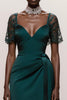Load image into Gallery viewer, Dark Green Satin Mermaid Ruched Lace Sleeves Long Formal Dress