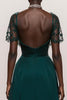Load image into Gallery viewer, Dark Green Satin Mermaid Ruched Lace Sleeves Long Formal Dress